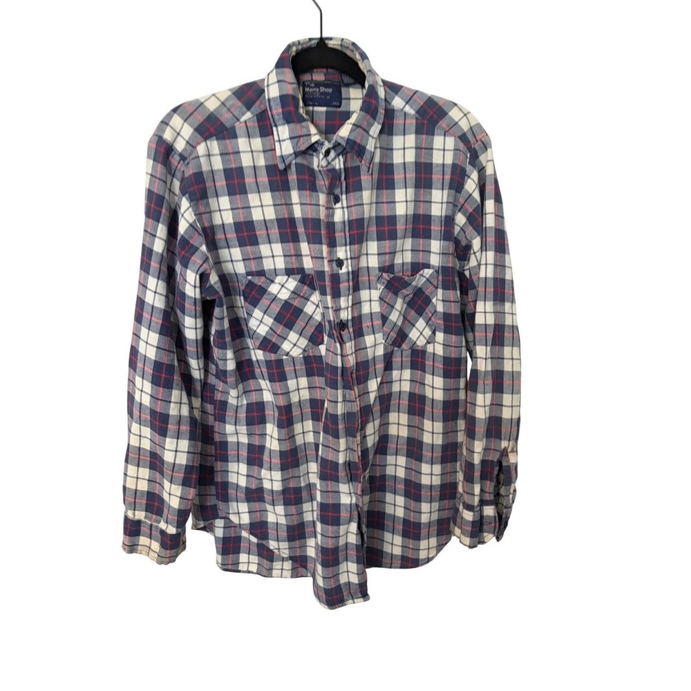 Vintage JCPenney The Mens Shop Blue Plaid Flannel Shirt Cotton Large Long Sleeve
